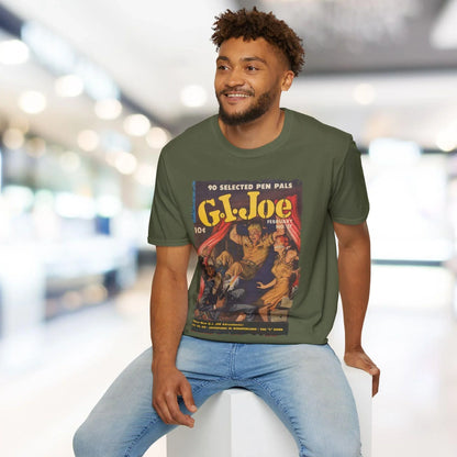 Close-up of the G.I. Joe No.37 unisex softstyle T-shirt’s relaxed fit label sewn on the hem in black ink on white fabric.