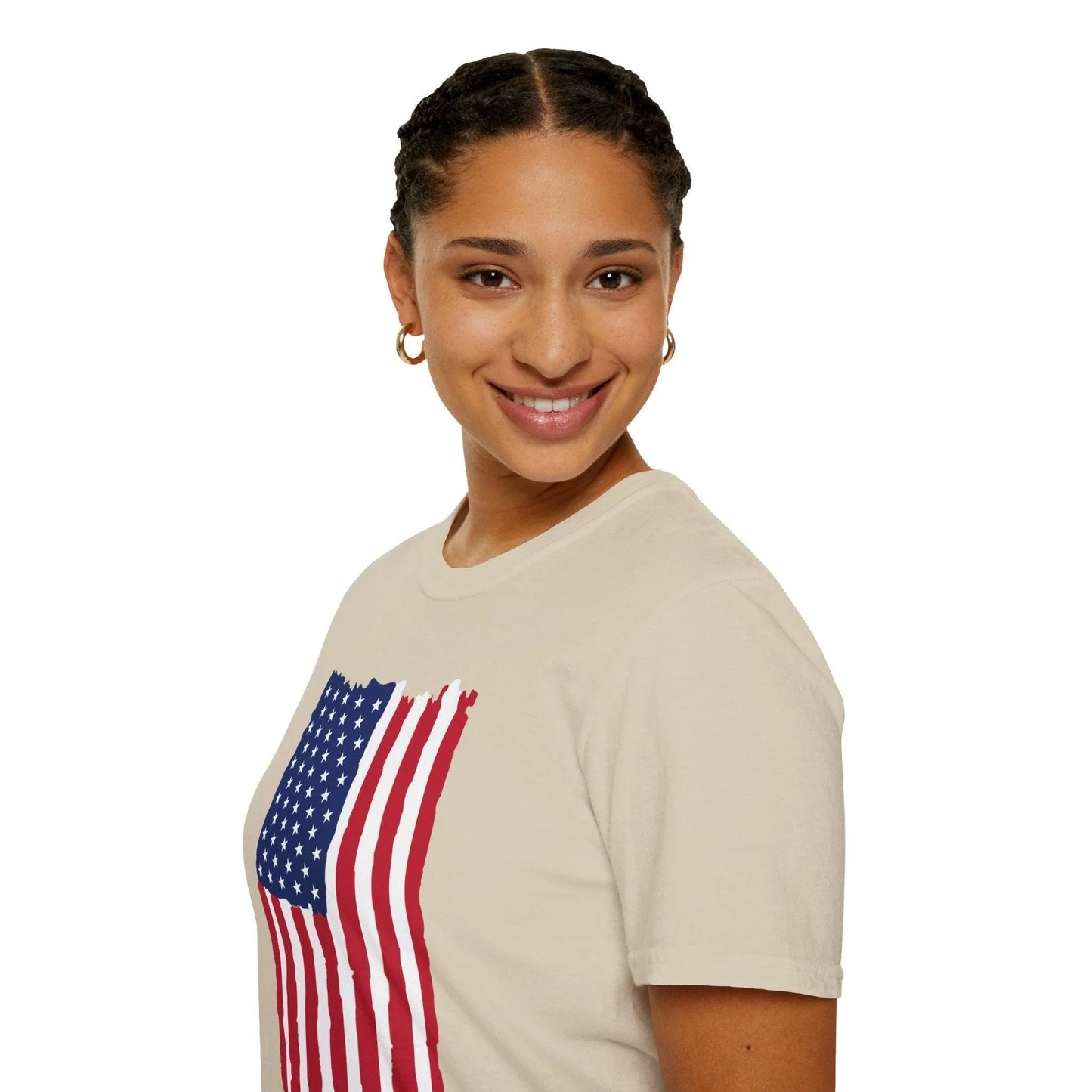 Close-up of the distressed American flag pattern on the textured cotton fabric of the relaxed-fit unisex T-shirt