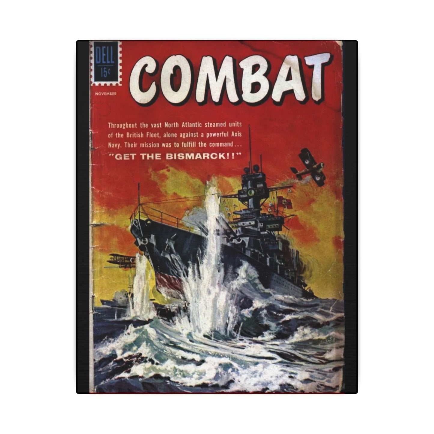 Close-up of the textured canvas surface highlighting the detailed brushstroke finish of the Combat, Nov 1961 artwork.
