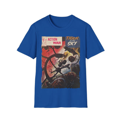 Close-up of the unisex softstyle T-shirt's relaxed fit hem with subtle stitching detail and light blue color from a front