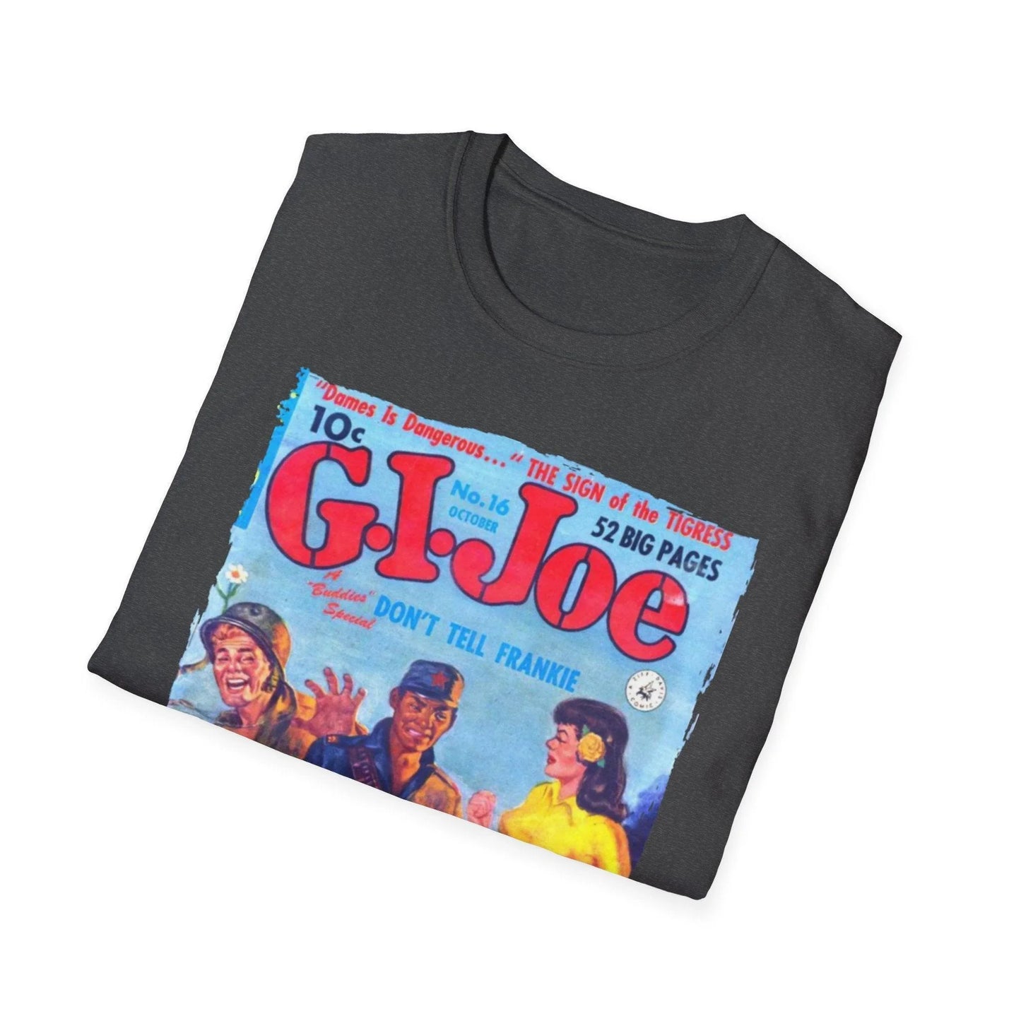 Close-up of the G.I. Joe No.16 T-shirt label sewn into the neckline showing fabric composition and stitching details.