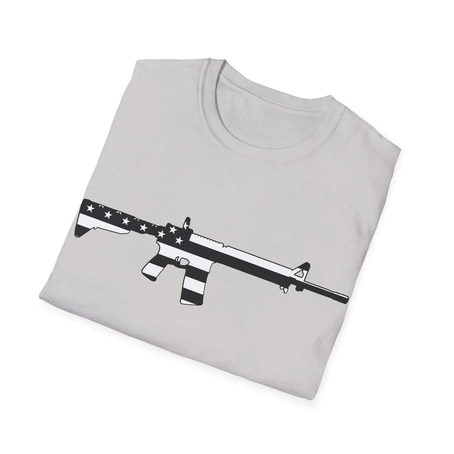 Close-up of black and white American flag eagle graphic on the chest of the unisex softstyle T-shirt, highlighting detailed