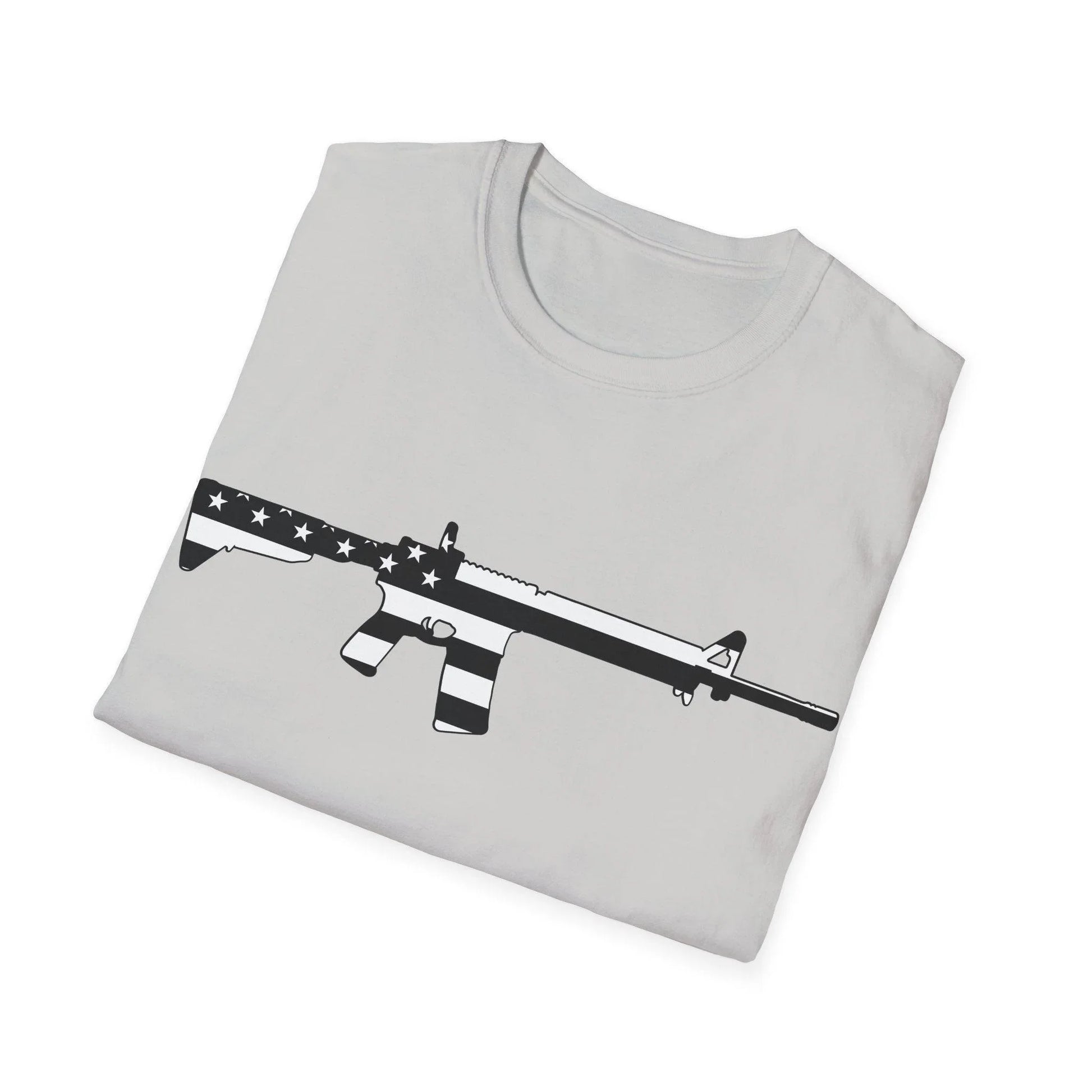 Close-up of black and white American flag eagle graphic on the chest of the unisex softstyle T-shirt, highlighting detailed