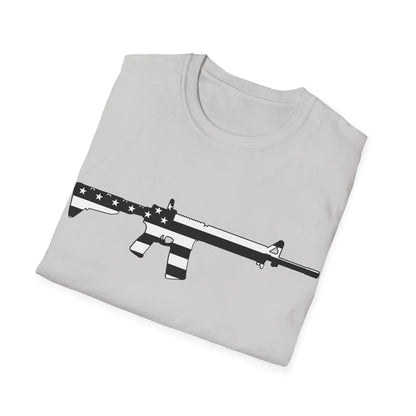 Close-up of black and white American flag eagle graphic on the chest of the unisex softstyle T-shirt, highlighting detailed