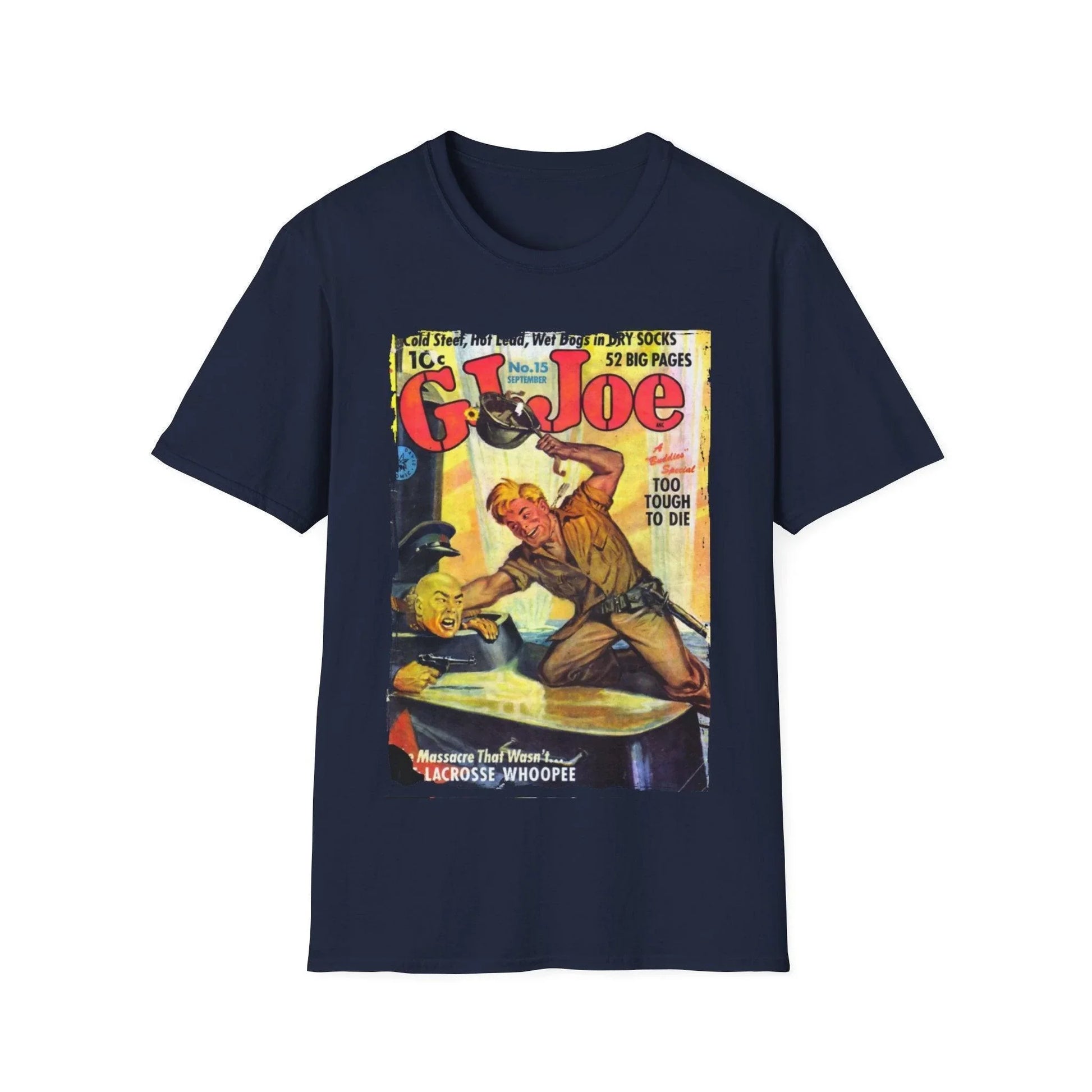 Close-up of the G.I. Joe No.15 unisex softstyle T-shirt's reinforced collar stitching and smooth fabric texture at the