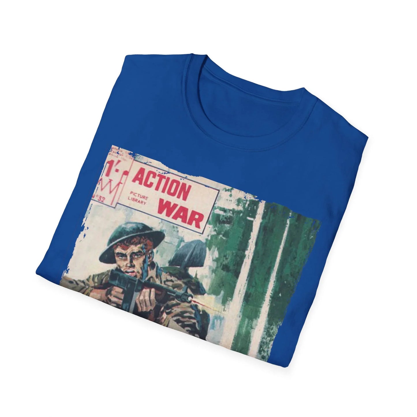 Close-up of the unisex softstyle fabric showing smooth, relaxed fit in navy blue with crew neckline and short sleeves detail