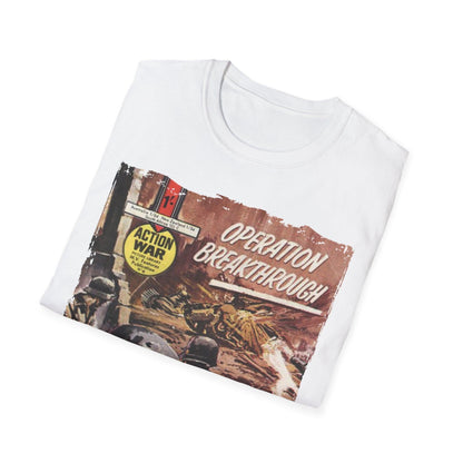 Close-up of the unisex softstyle T-shirt's lightweight cotton fabric, showing subtle fabric weave and relaxed fit neckline