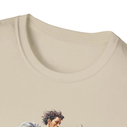 Close-up of the front neckline and subtle stitching details on the unisex softstyle T-shirt in charcoal gray, highlighting