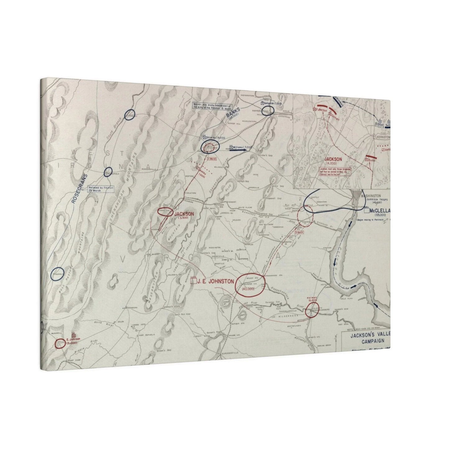 Close-up of textured canvas surface highlighting brushstroke details from the Battle of Kernstown scene, showcasing vintage