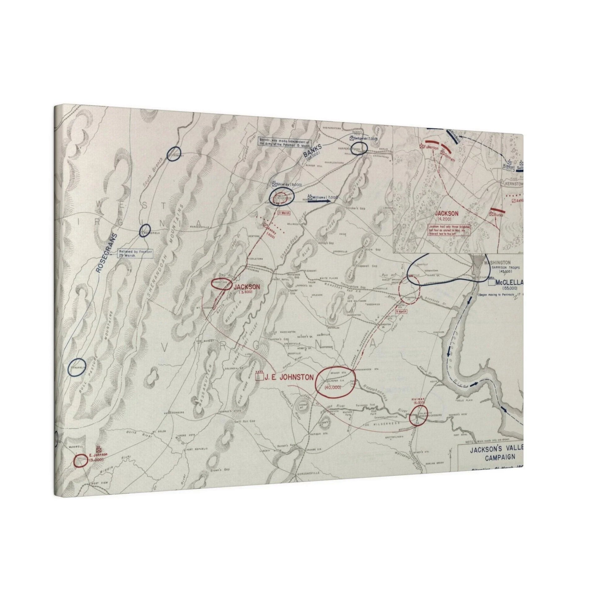 Close-up of textured canvas surface highlighting brushstroke details from the Battle of Kernstown scene, showcasing vintage