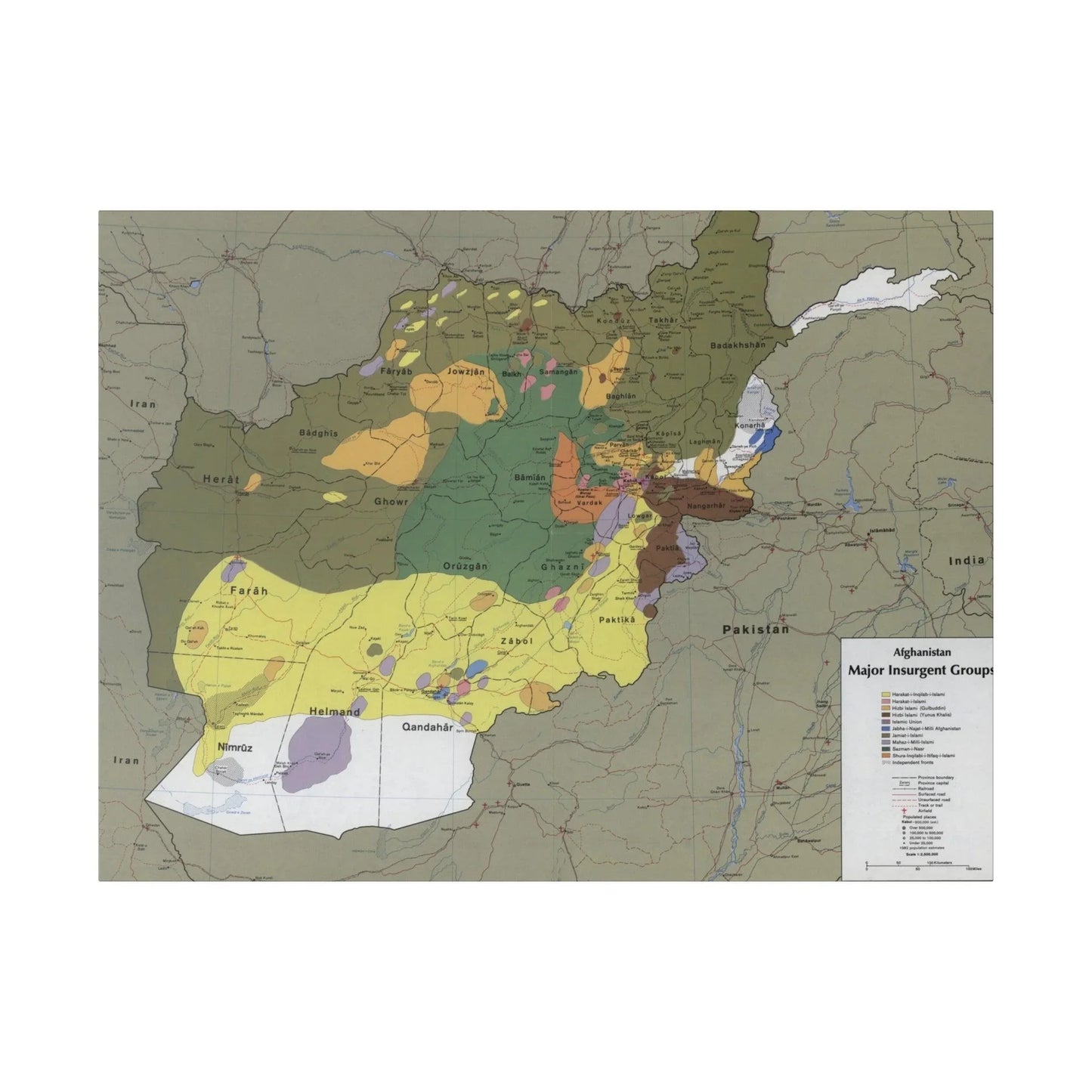 Canvas wall art depicting Afghanistan Major Insurgent Groups in 1985, matte finish, eco-friendly materials, textured