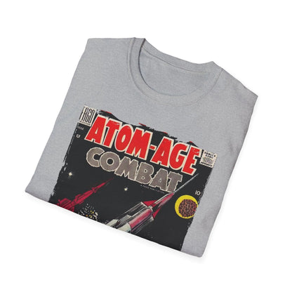 Close-up of the Atom-Age Combat No.3 T-Shirt neckline showing reinforced stitching and soft cotton fabric in heather gray