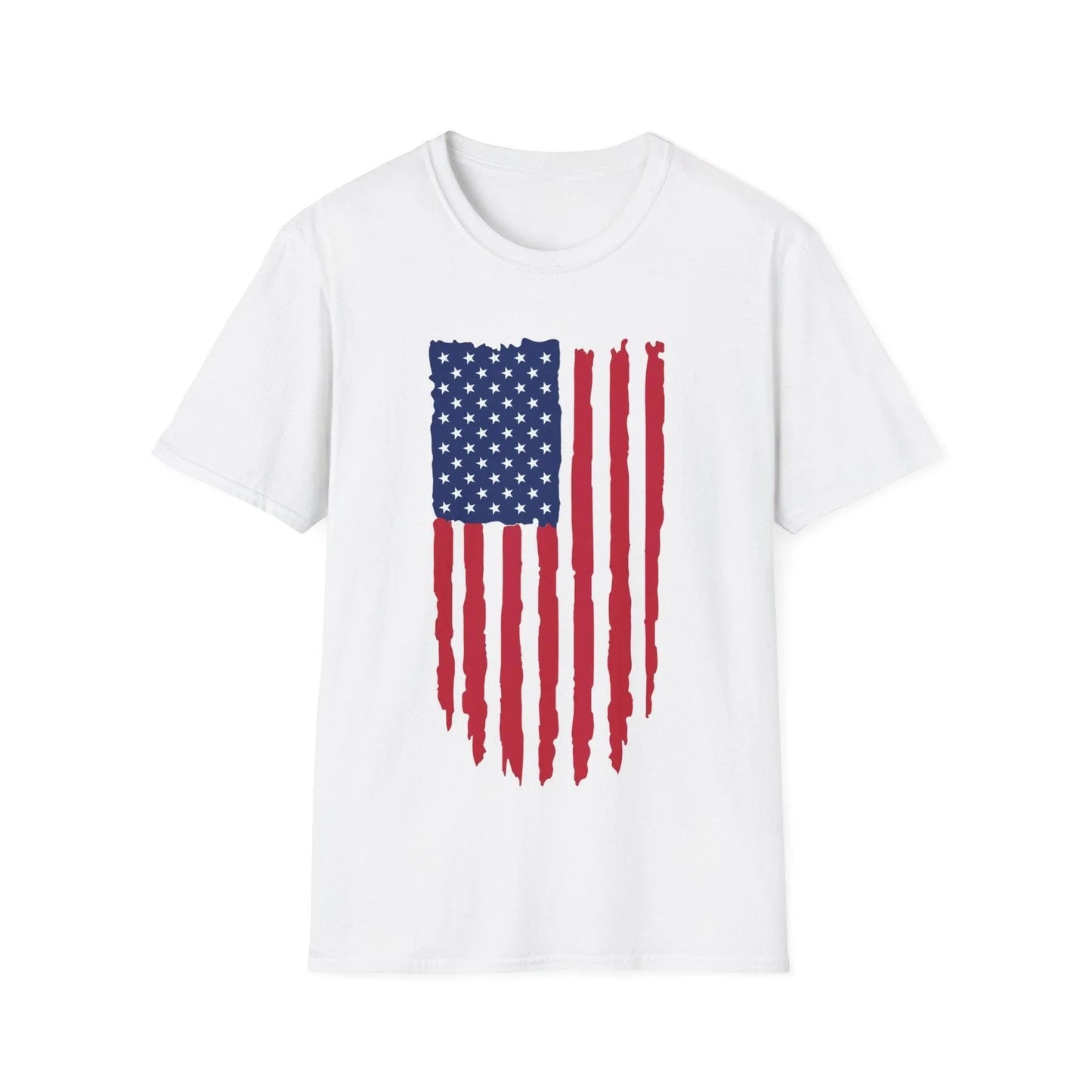 Distressed vertical American flag print on cotton unisex softstyle T-shirt with crew neckline, regular fit, and printed