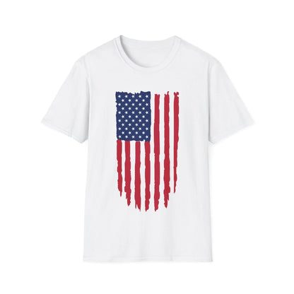 Distressed vertical American flag print on cotton unisex softstyle T-shirt with crew neckline, regular fit, and printed