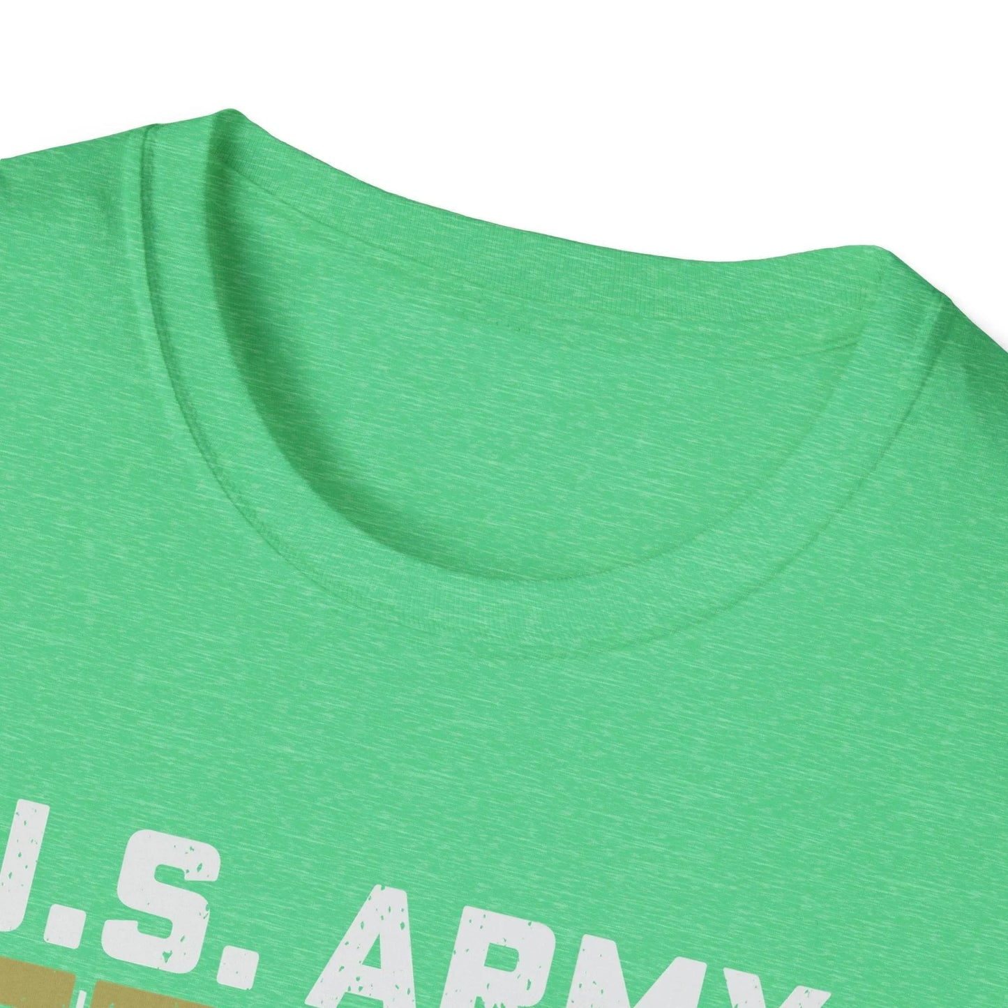 Close-up of the army-themed graphic detail on the chest of the unisex softstyle T-shirt in olive green fabric with crew