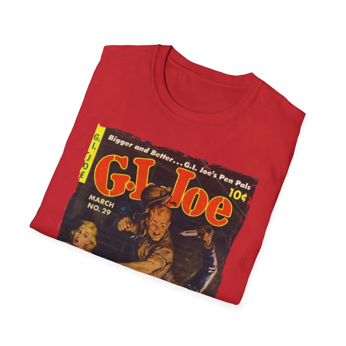 Close-up of the G.I. Joe No.29 softstyle T-shirt's navy fabric featuring subtle stitching details and relaxed fit neckline.