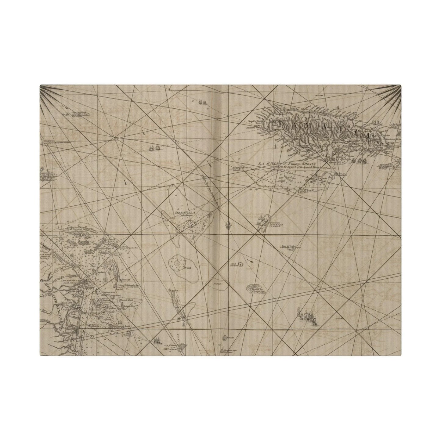 Close-up of vibrant island map details highlighting Jamaica’s coastline and Cape Gracias a Rios on textured canvas surface.