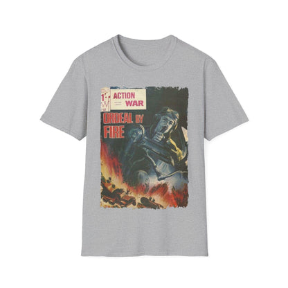 Close-up of the charcoal gray unisex softstyle T-shirt's navy tag on the sleeve hem, highlighting the fabric texture and