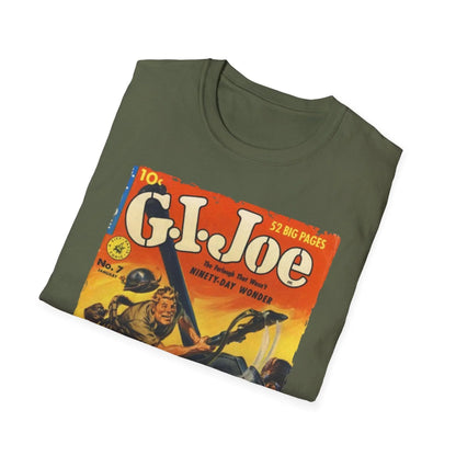 Close-up of the navy blue G.I. Joe No.7 softstyle T-shirt's tag sewn into the relaxed fit neckline, showcasing durable