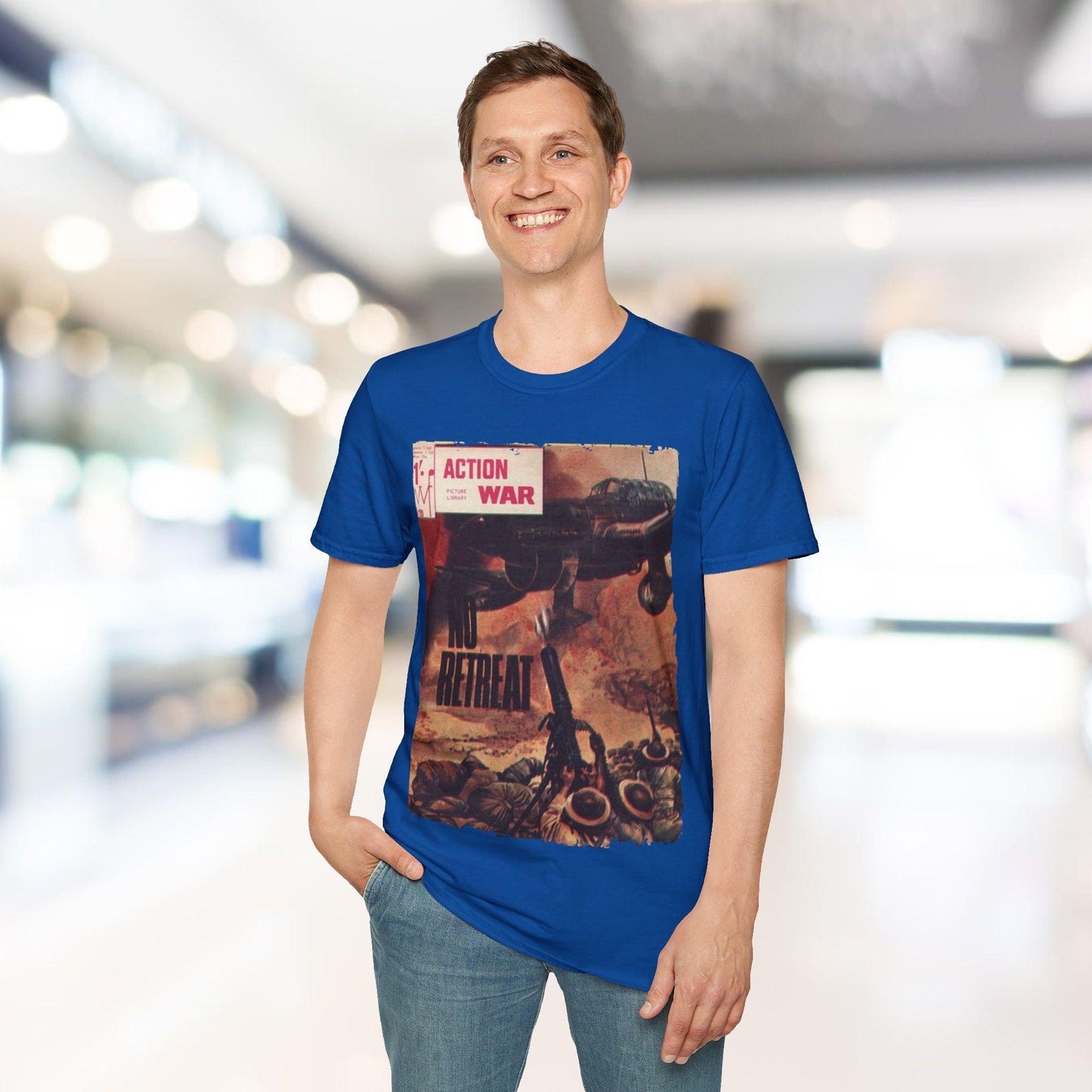 Detail of the unisex softstyle T-shirt’s relaxed fit fabric in vibrant deep navy, showing subtle stitching and neckline