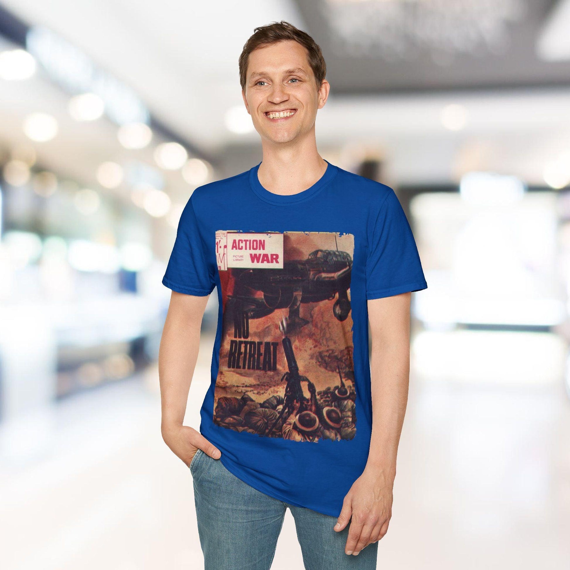 Detail of the unisex softstyle T-shirt’s relaxed fit fabric in vibrant deep navy, showing subtle stitching and neckline