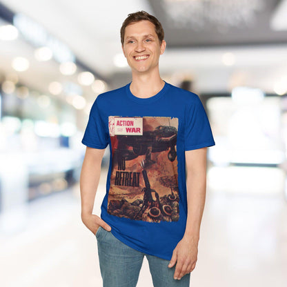 Detail of the unisex softstyle T-shirt’s relaxed fit fabric in vibrant deep navy, showing subtle stitching and neckline