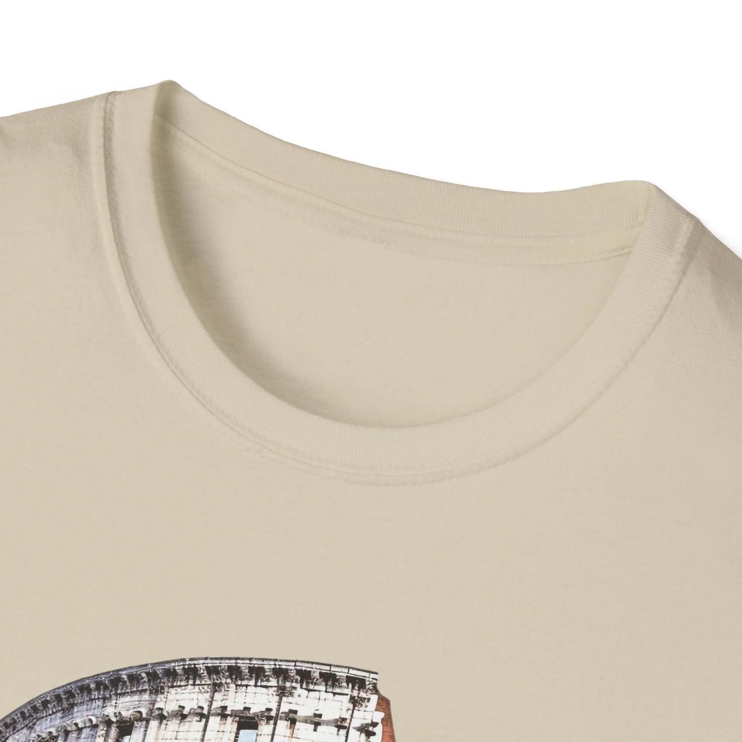 Close-up of the unisex softstyle fabric weave highlighting the smooth, relaxed fit neckline and subtle stitching details in