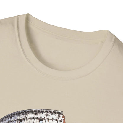 Close-up of the unisex softstyle fabric weave highlighting the smooth, relaxed fit neckline and subtle stitching details in