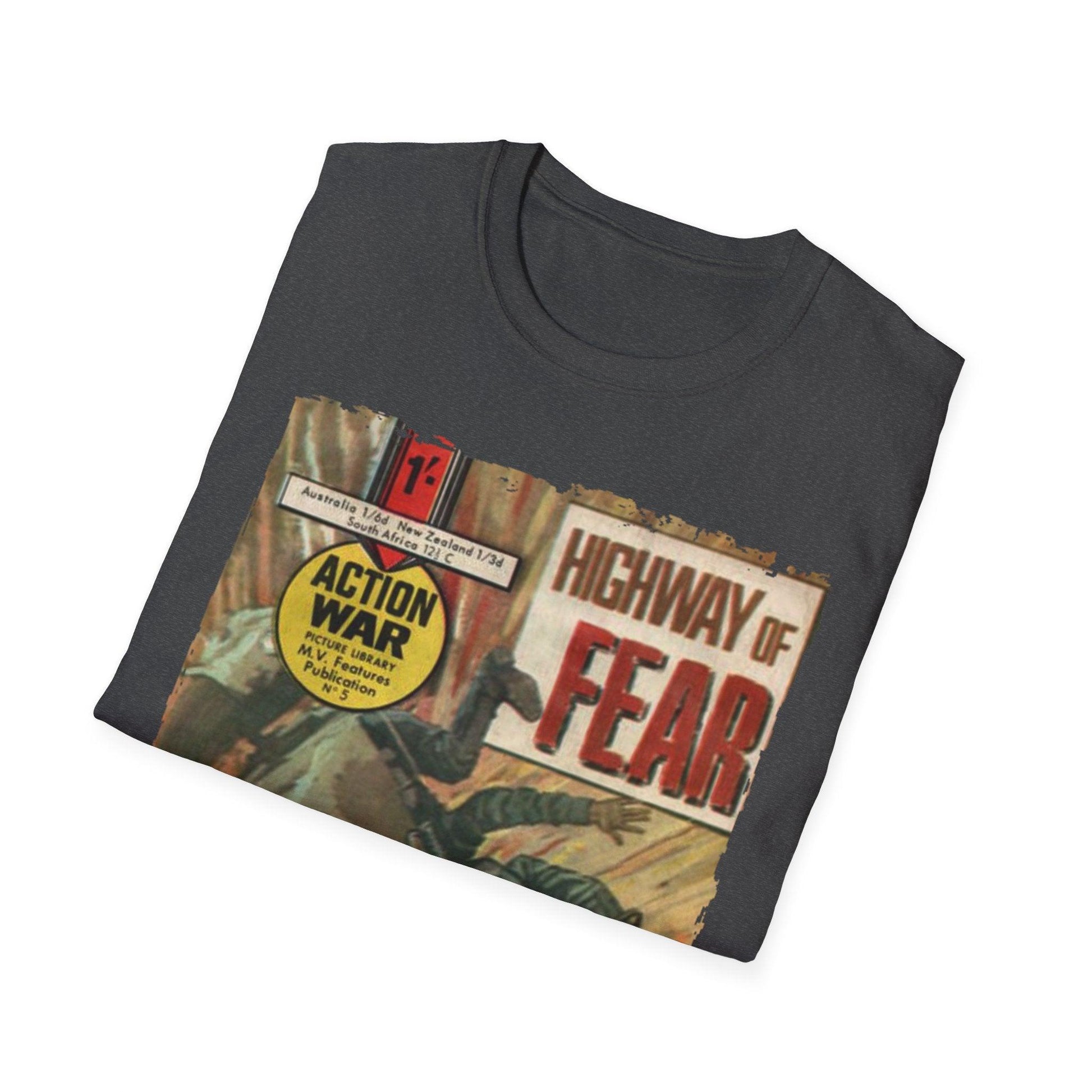 Close-up of the unisex softstyle T-shirt's fabric texture showcasing smooth charcoal gray cotton blend and reinforced