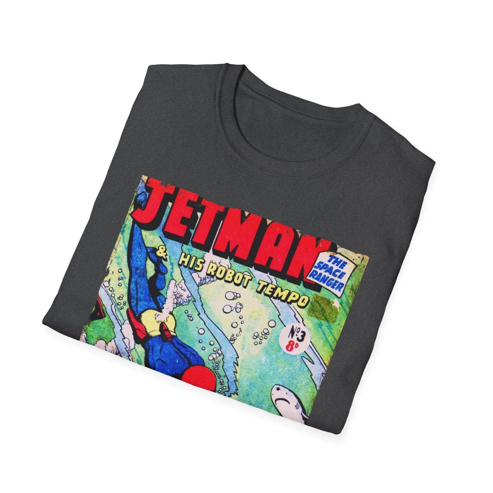 Close-up of the Jetman No.3 unisex softstyle T-shirt's chest graphic detail with vibrant colors and smooth cotton fabric