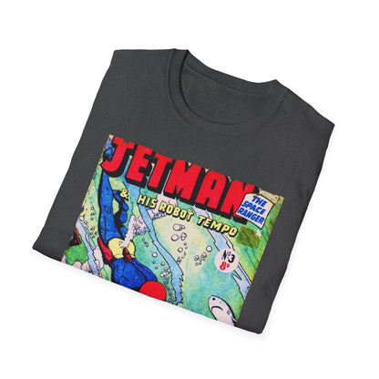 Close-up of the Jetman No.3 unisex softstyle T-shirt's chest graphic detail with vibrant colors and smooth cotton fabric
