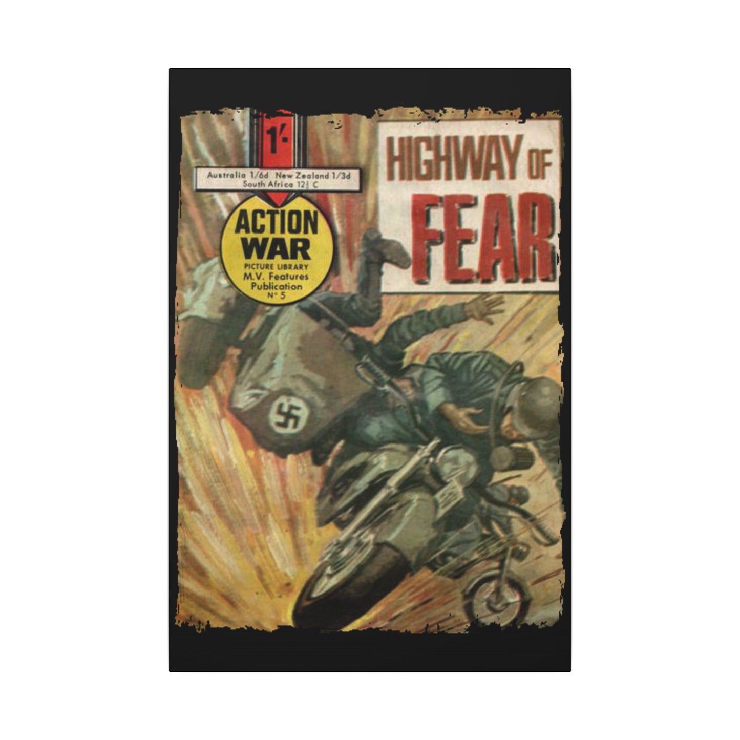 Close-up of the textured canvas surface revealing subtle brushstrokes and detailed print on the Action War #5 comic cover.