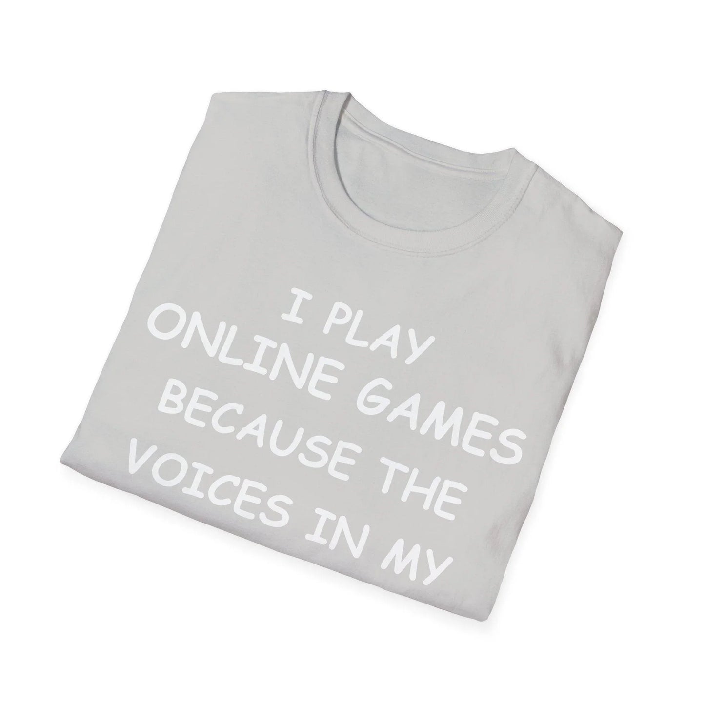 Close-up of the I Play Online Games white unisex softstyle t-shirt's relaxed fit and smooth fabric weave from a slightly