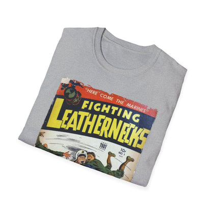 Close-up of the unisex softstyle T-shirt’s neckline and fabric texture, highlighting the relaxed fit in vibrant blue color.