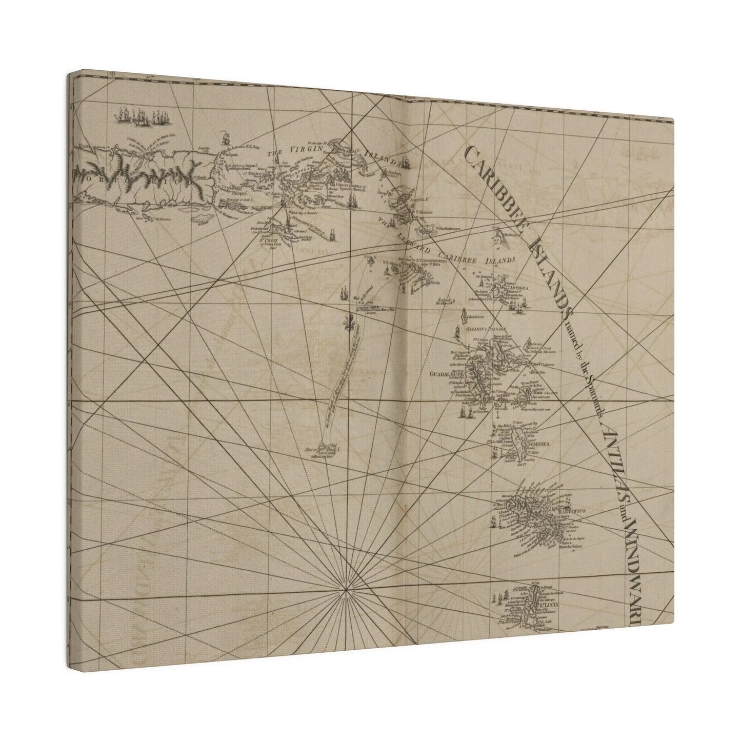 Close-up of the vibrant blue, beige, and green canvas depicting detailed geographic features of Caribbee Island and Virgin