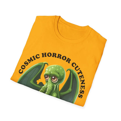 Close-up of the Cosmic Horror Cuteness T-Shirt neckline showing reinforced stitching and vibrant galaxy print on soft cotton