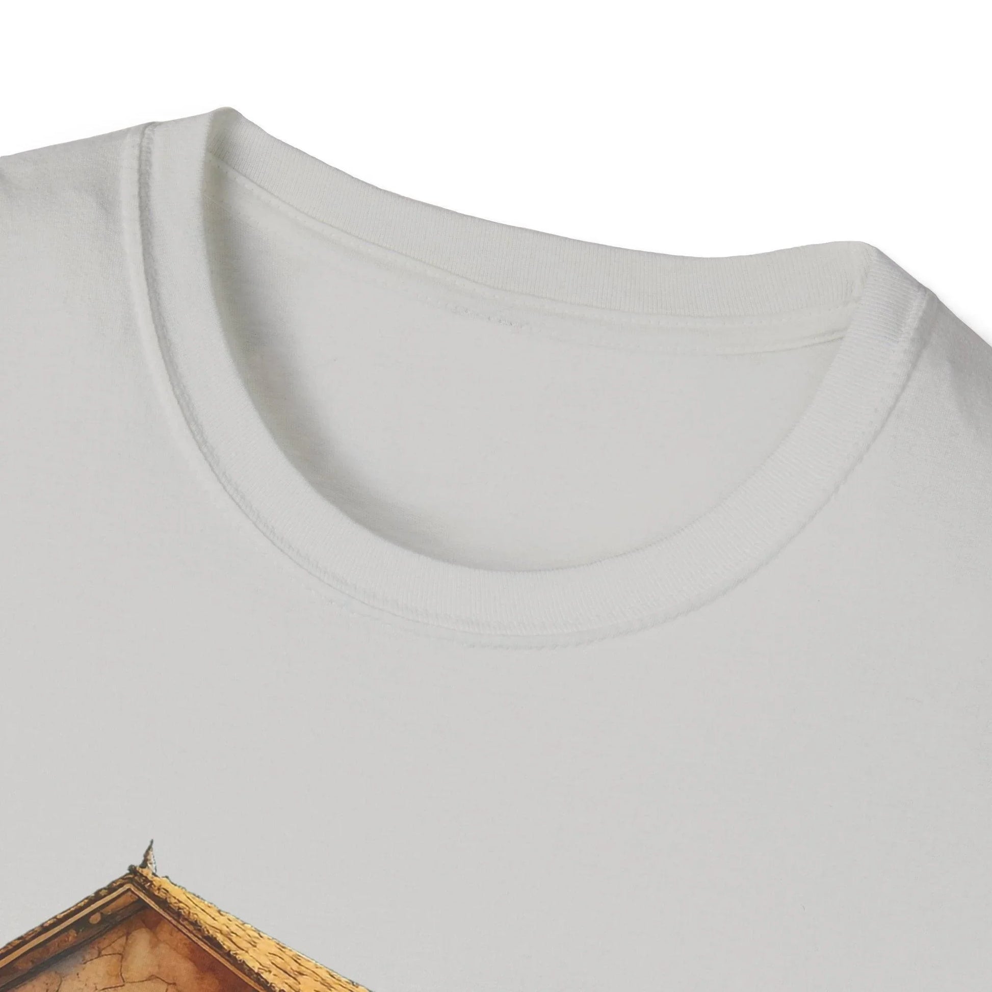 Close-up of the unisex softstyle T-shirt's relaxed fit and heather gray fabric with subtle stitching details at the neckline