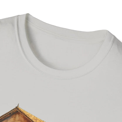 Close-up of the unisex softstyle T-shirt's relaxed fit and heather gray fabric with subtle stitching details at the neckline