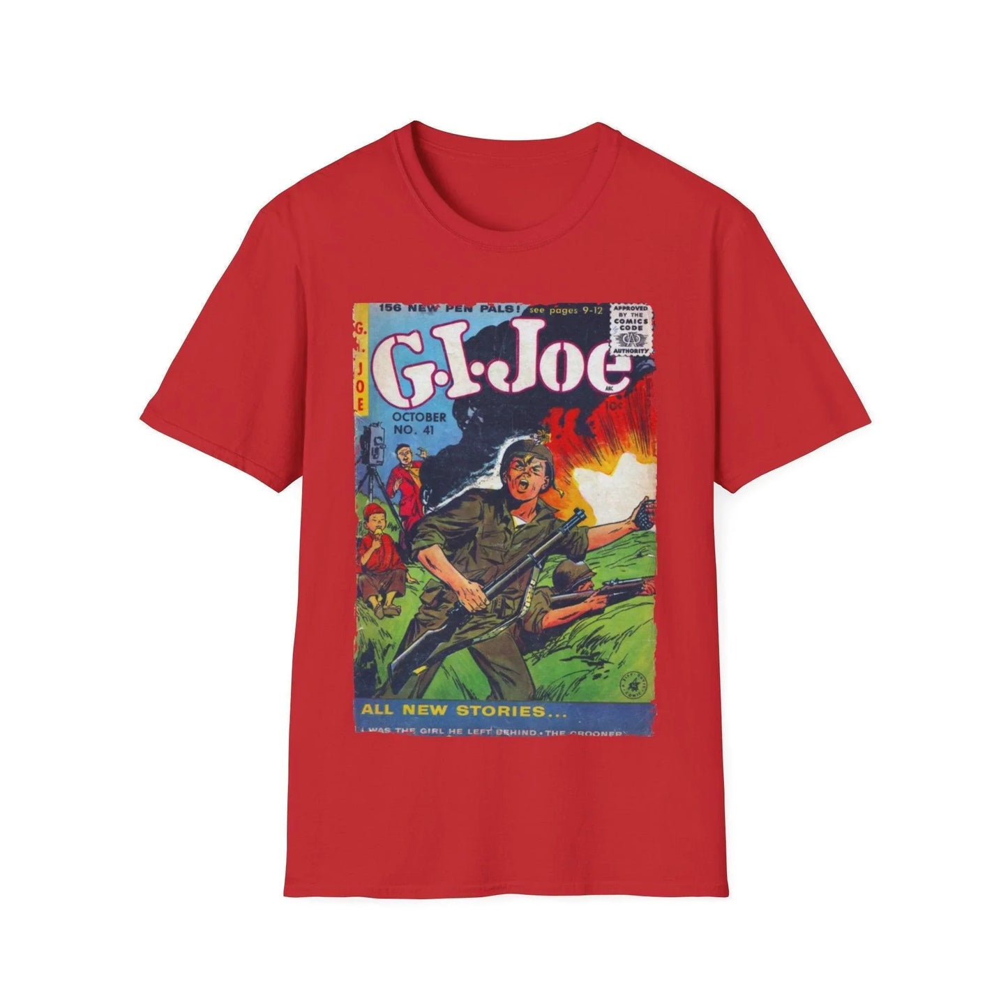 Close-up of the G.I. Joe No.41 unisex softstyle T-shirt's collar stitching and fabric weave at the neckline from a