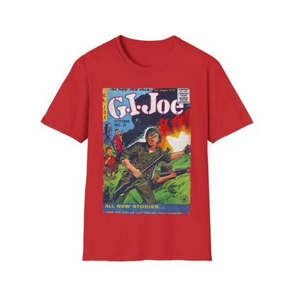 Close-up of the G.I. Joe No.41 unisex softstyle T-shirt's collar stitching and fabric weave at the neckline from a