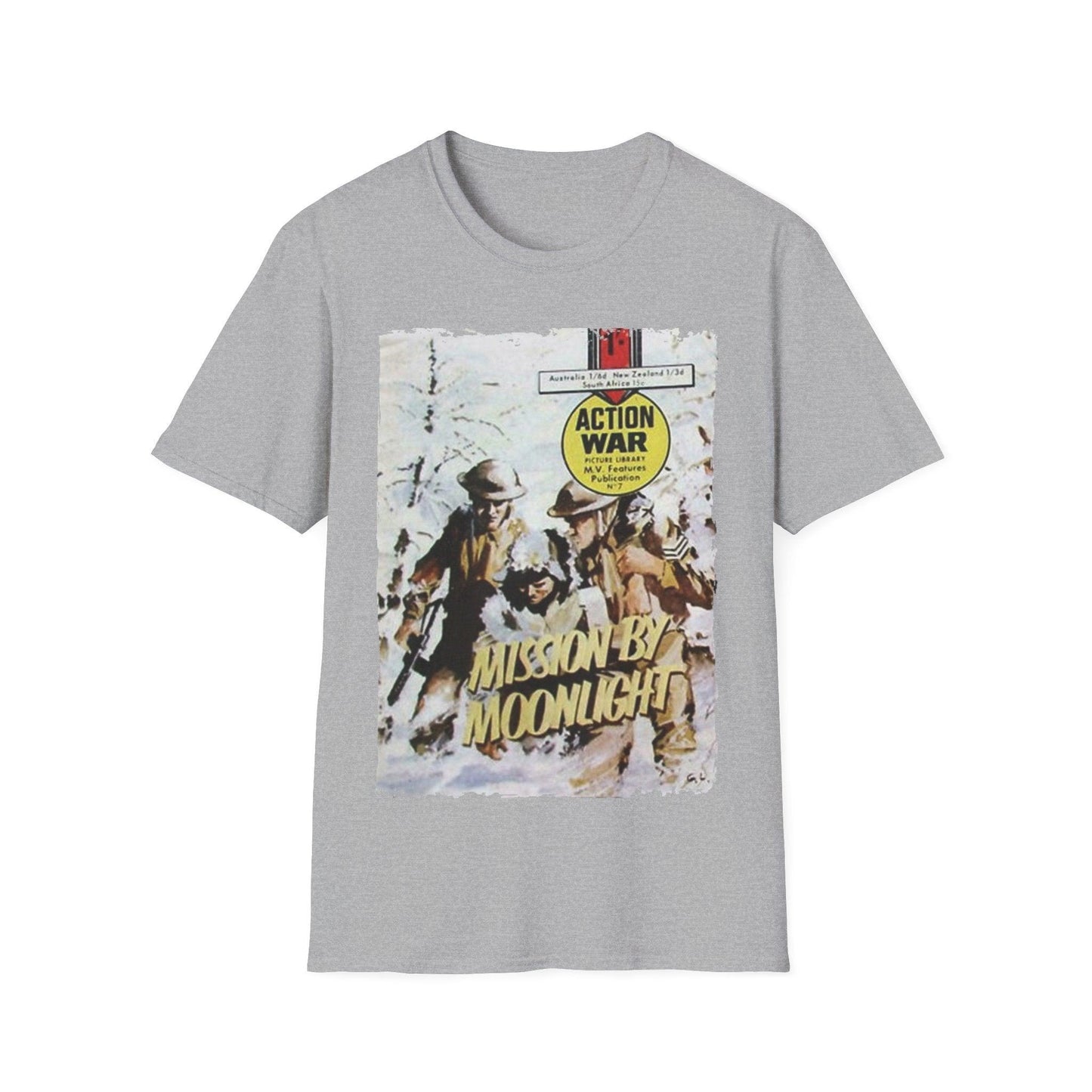 Close-up of the unisex softstyle T-shirt's relaxed fit, showing subtle fabric texture in vibrant action war #7 green color