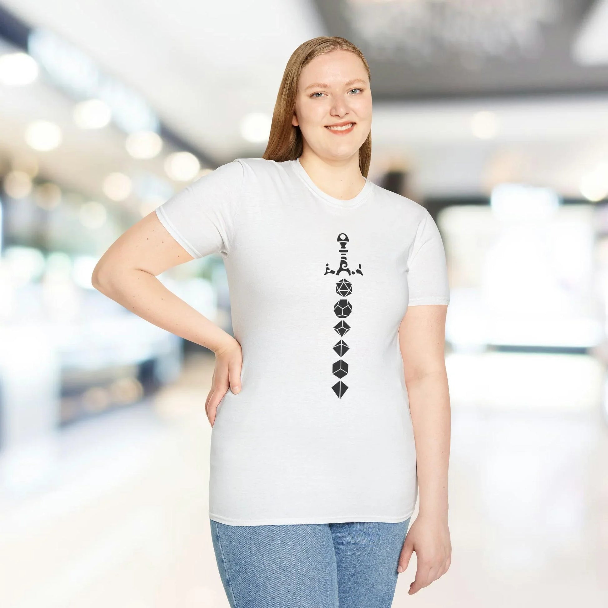 Close-up of the black cotton fabric showing subtle texture and reinforced collar stitching on the Dice Sword Black T-Shirt.