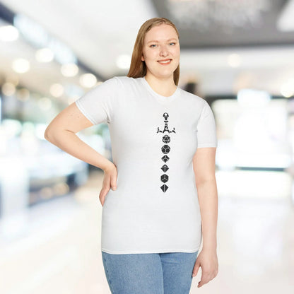 Close-up of the black cotton fabric showing subtle texture and reinforced collar stitching on the Dice Sword Black T-Shirt.