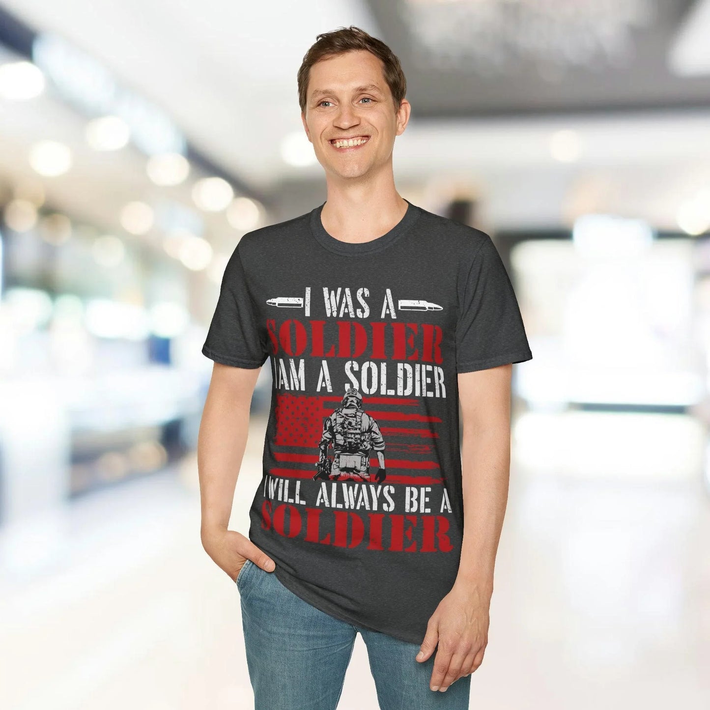 Close-up of the unisex soft cotton fabric displaying the "Always Be A Soldier" printed logo on the chest in black ink over