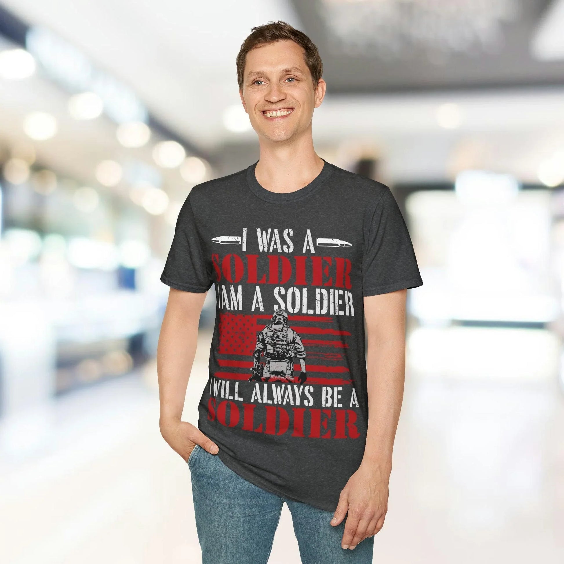 Close-up of the unisex soft cotton fabric displaying the "Always Be A Soldier" printed logo on the chest in black ink over