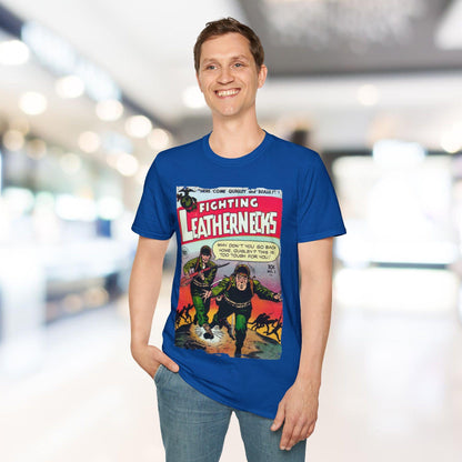 Close-up of the unisex softstyle T-shirt’s collar and neckline featuring reinforced stitching in charcoal gray fabric