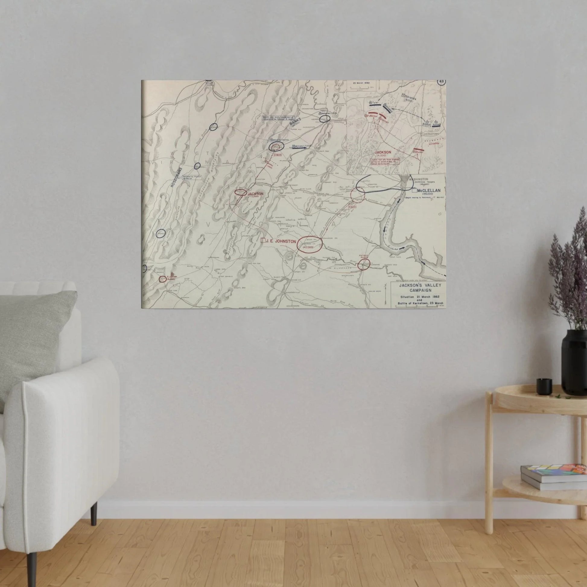 Close-up of detailed canvas texture highlighting aged fabric finish and subtle vintage coloration of the Civil War map print.