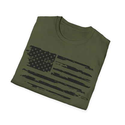Close-up of distressed black and white American flag pattern on front chest of unisex softstyle T-shirt, highlighting