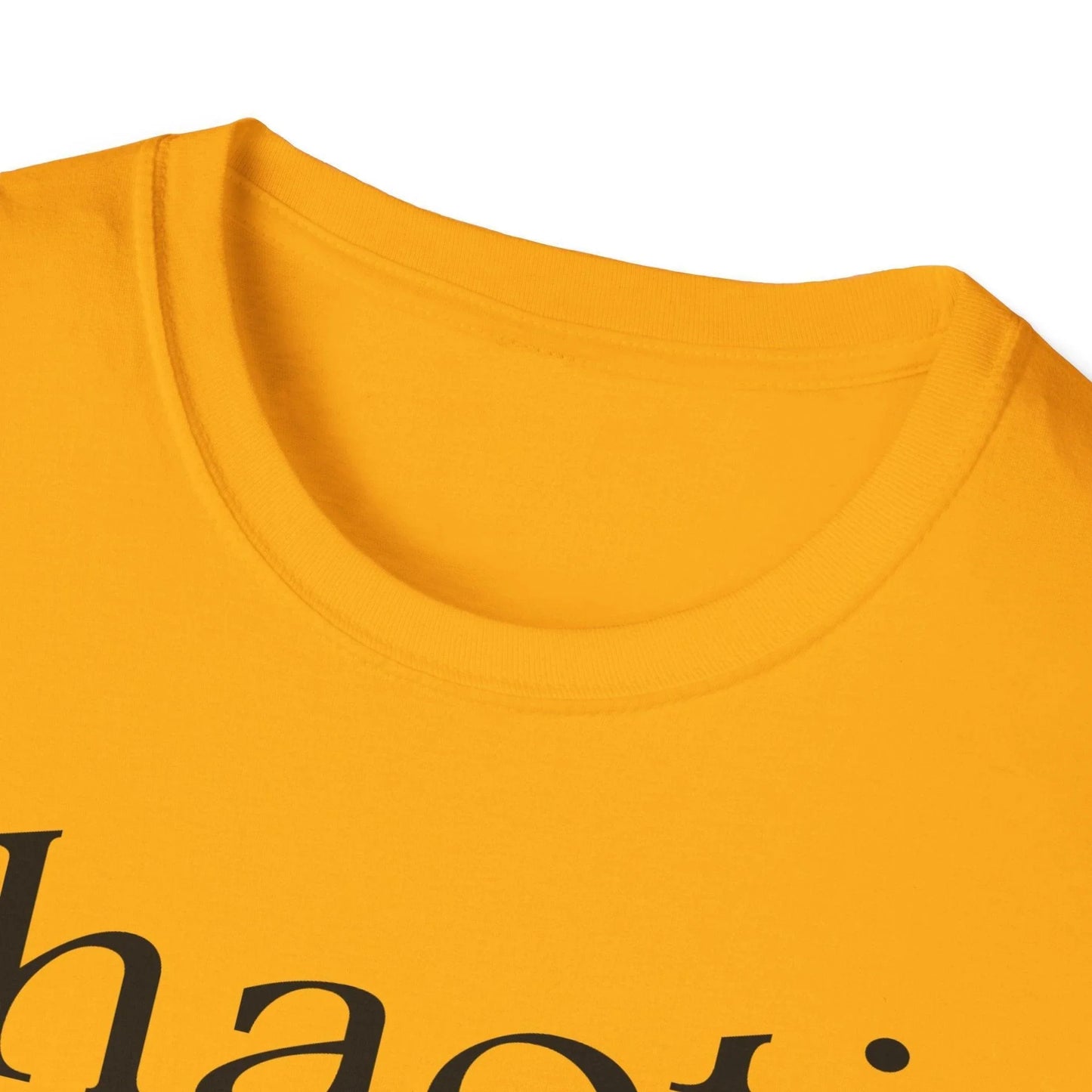 Close-up of black unisex softstyle T-shirt fabric showing smooth texture and subtle stitching at the collar neckline