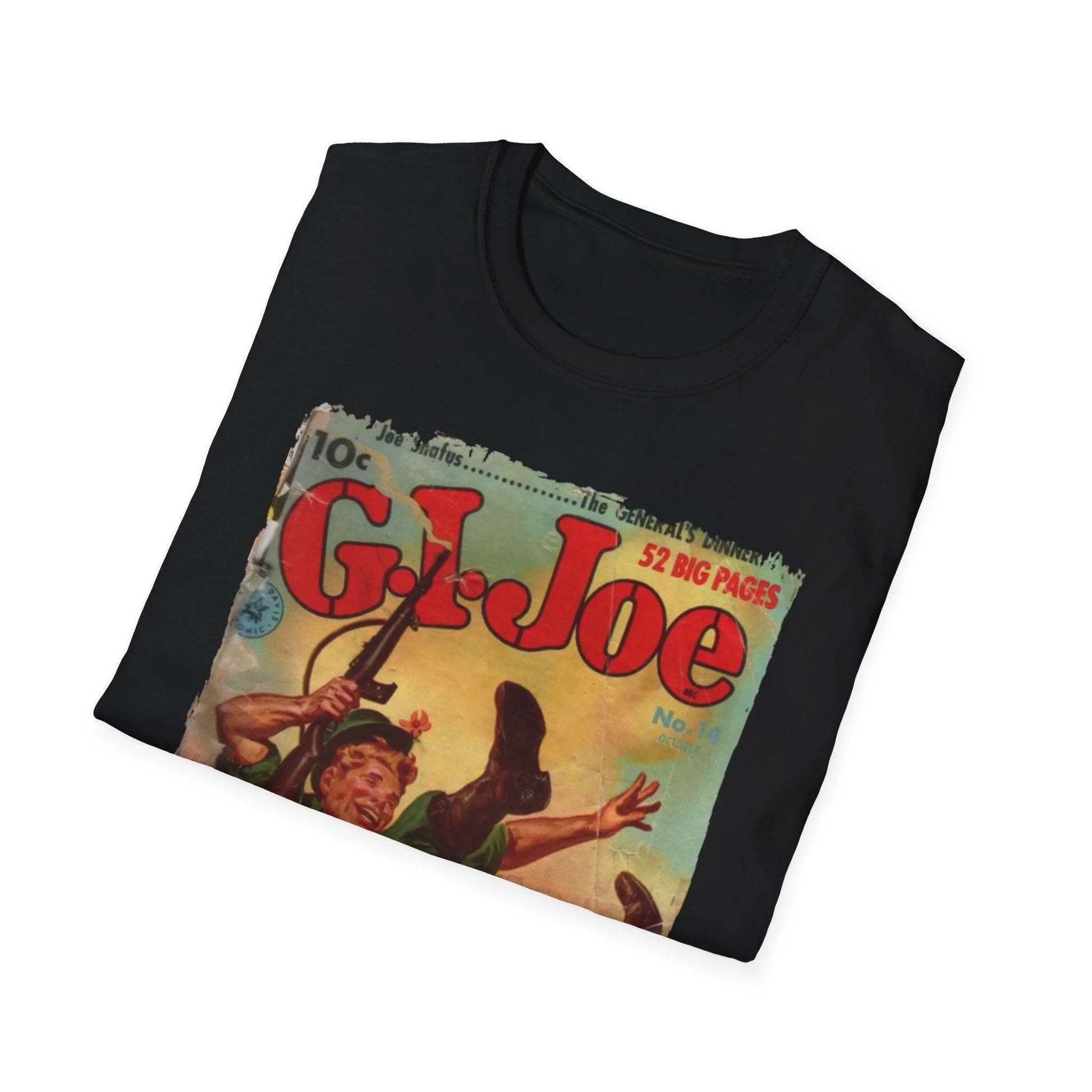 Close-up of the G.I. Joe No.14 T-shirt's neckline showing triple-stitched detail and smooth cotton-soft fabric in vibrant